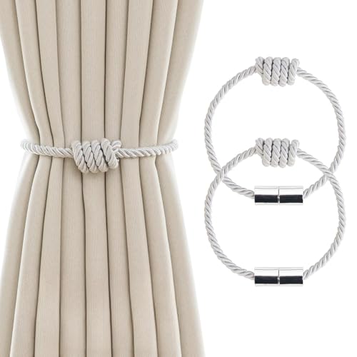 Magnetic Curtain Tiebacks 2 Pack - Decorative Rope Curtain Holders for Drapes and Curtains Strong No-Drill Magnetic Tiebacks for Indoor & Outdoor Use White Curtain Holdbacks