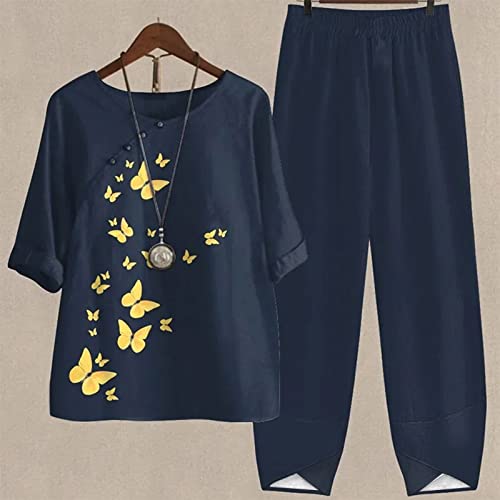 Btlyuioape Workout Sets For Women 2023, Flower Print Half Sleeve Round Neck Two Piece Outfits Casual Summer Lounge Set 03-Navy Small #TOP1