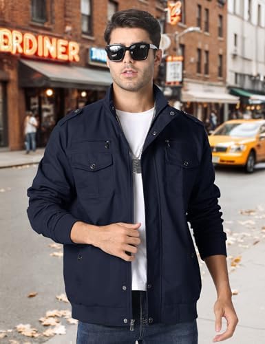 CRYSULLY Men's Spring Fall Casual Windbreaker Jacket Cargo Stand Collar Military Bomber Jackets Coat