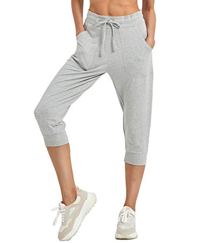 PULI Women's Capri Sweatpants Jogger Lounge Sweat Pants Cotton Drawstring with Pockets Gray L