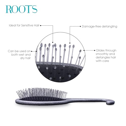 Image of ROOTS Zero Tangle Grey Hair Brush | Brush with Hook for Hanging in Shower | Damage-Free Detangling on Sensitive /Wet /Dry Hair | For Men & Women | Length - 9 Inch, Model No - RZTU-SG