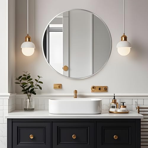Silber Runder Badezimmerspiegel 50cm mit gebürstetem Metallrahmen – Ansicht 1