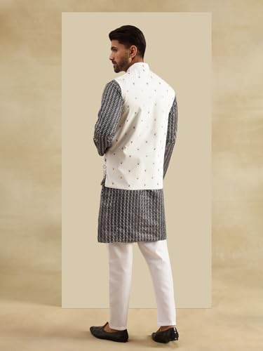 Image of SOJANYA Men's Silk Blend Black Kurta and White Pyjama With Daman Embroidered Black Nehru Jacket