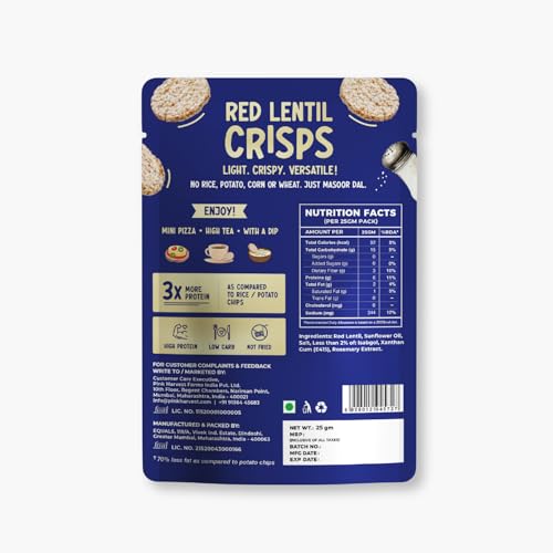 Image of Pink Harvest Farms Red Lentil Sea Salt Crisps a€ inch Gluten-Free, High-Protein, Healthy Baked Chips, Keto Snacks Food High Protein, Vegan Snack | No Rice, Potato, Corn or Wheat (25g, Pack of 3)