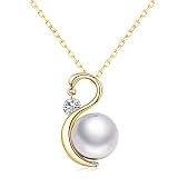 SBLING 18K Gold Plated Round White Shell Pearl Pendant Necklace for Women (10mm)- Gifts for Women/Gi