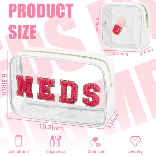 2 Pcs Medicine Chenille Letter Bag Preppy Clear Makeup Meds Bag for Travel Nylon & PVC Transparent Cosmetic Bag Preppy Patch Toiletry Storage for Women Girls White2