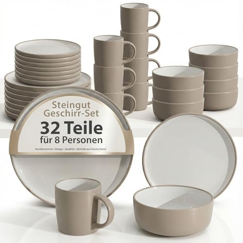 Hausfelder Geschirrset 8 Personen 32teilig Steingut – Tafelservice Set mit Teller, Schalen & Becher – Spülmaschinenfest Geschirr Modern Beige (Nordic Sand, 32-teiliges Set)