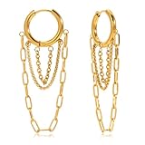 Pendientes de aro pequeños con cadena de borla para mujer, acero inoxidable, chapado en oro de 18 quilates, eslabones en capas, para cartílago, aretes de aro para piercing de moda, joyería de amistad