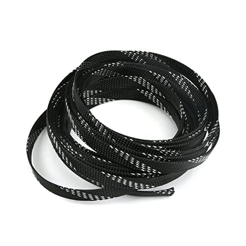 Othmro 幅12mm 長さ5m 黒と銀 1個入り 編組スリーブ 編組チューブ RoHS認証 PET ポリエチレンテレフタレート材質 ポリエステル編組スリーブ ケーブル被覆用