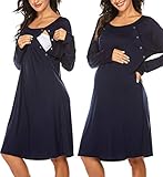 Skione Umstandskleid Stillnachthemd Damen Geburtskleid Knielang Geburtshemd Langarm Nachthemd mit Stillfunktion Nachtwäsche Schlafoverall mit Knopfleiste für Schwangere Frauen Herbst, Winter