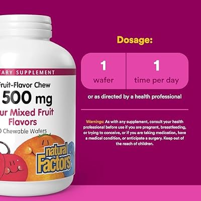 Natural Factors, Kids Chewable Vitamin C 500 mg, Supports Immune Health, Bones, Teeth and Gums, Mixed Fruit, 90 Wafers