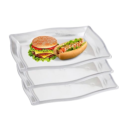 HOMESHOPA Rectangular Serving Platter, 3 Pack Clear Reusable Multi-Use Plastic Plates, Food Serving Tray for Fast Food Snack Fruit Dessert Appetizers, Stackable Kitchen Serving Party Platter, Small