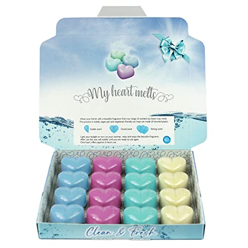 Clean and Fresh Mixed Wax Melts: 16 Heart Shaped Melts in a Presentation Gift Box, 4 pcs Each of Fresh Linen, Baby Powder, Fluffy Towels & Snow Pixie