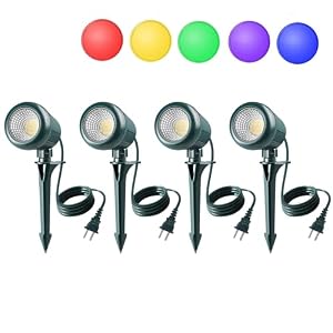 Christmas Spotlights Outdoor, 120V Plug-in Halloween Spot Light, 5000K LED Landscape Lighting with 5 Color Lenses (Red Green Blue Purple Yellow), IP67 Waterproof, 4 Pack
