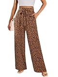 ECOWISH Palazzo Pants for Women: Wide Leg Flowy Polka Dot Work Pants Pockets High Waist Business Belt Striped Trousers Loose 160 Brown Small
