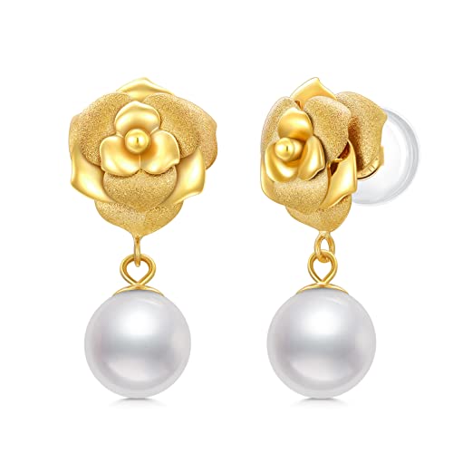 18Kt Solid Gold Pearl Earrings For Women, Real Gold Rose Flower Stud With Freshwater Pearl Dangle Jewelry Anniversary Present For Her, Wife, Mom, Girlfriend #TOP20