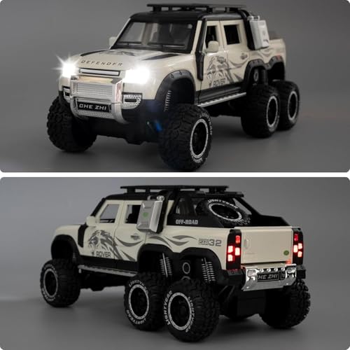Image of 1:24 Land Rover Defender Six Wheels Off-Road Pickup Car Model, Pull Back Diecast Truck Collectible with Sounds & Lights, Gift for Kids, Boys, Girls, and Adults (White)