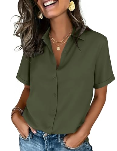Image of Zeagoo Button Down Shirts for Women Short Sleeve Dressy Casual Tops Colllared Blouses Professional Clothes Army Green