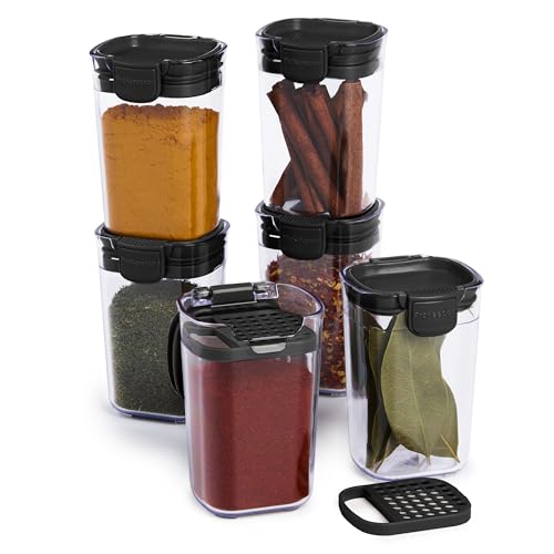 ProKeeper Progressive Seasoning & Spice Storage Container Set, 6 Airtight 5-Oz Keepers with Removable Shaker and Leveler Inserts, Stackable, BPA-Free, Dishwasher Safe, Black