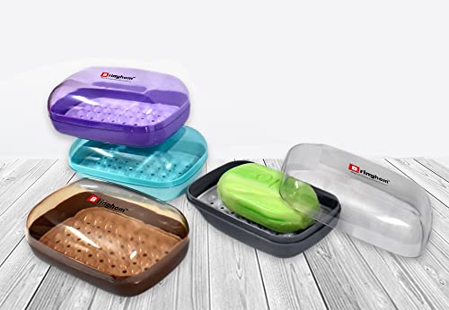 Image of Bringhom Soap Case Holder Box with Transparent Lid and Strainer Tray for Home, Kitchen, Bathroom, Washbasin (Assorted Colour, Plastic) (1)