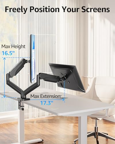 Image of MOUNTUP Dual Monitor Stand for Desk, Gas Spring Monitor Arms for 32 27 24 22 Inches, Height Adjustable Double Monitors Mount, VESA Mount with C-Clamp & Grommet Base, Holds 4.4-17.6lbs