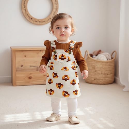 Karuedoo Infant Toddler Baby Girl Thanksgiving Outfit Long Sleeve Ribbed Knit Romper Turkey Overall Dress Suspender Skirt Set2