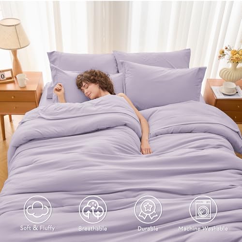 MUXHOMO 7 Pieces California King Comforter Set, Soft Bed in a Bag Cal King Size, All Season Bedding Set with Comforter, Flat Sheet, Fitted Sheet, Pillowcases & Shams, Lavender