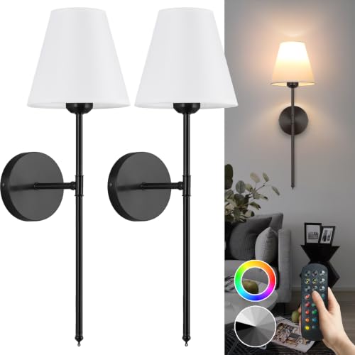 Image of Battery Operated Wall Sconce Set of 2,15 Colors Wireless Wall Light With Dimmable Remote Control Last 18-50 Hours,Black Rechargeable Wall Lamp With White Fabric Shade For Living Room Bedroom Hallway