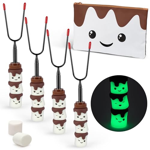 THE S'MORES COMPANY - Glow in the Dark Marshmallow Roasting Sticks - Set of 4 Rotating Smores Sticks - Telescoping Extra Long Marshmallow Sticks for Fire Pit, Campfire & Bonfire - Camping Accessories