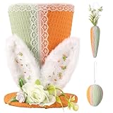 Easter Decorative Set with Top Hat, Carrot Vase and Egg Ornament, Orange and Green Waffle Texture with Lace Trim, Spring Holiday Decor (Orange & Green)