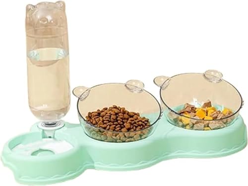 猫 ボウル 透明ボウル 自動給水器 食べやすい エサ入れ 取り外し食べるための15度の傾斜 ペットボウル猫 餌入れ ペット食器 猫 清浄可能猫と小型犬のためのウェットとドライのフードボウルセット グリーン