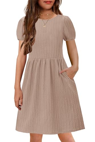 YOVION Girls Summer Dress Crew Neck Puff Sleeve Plain A-Line Casual Knit Dresses with Pockets for 6-12 Y