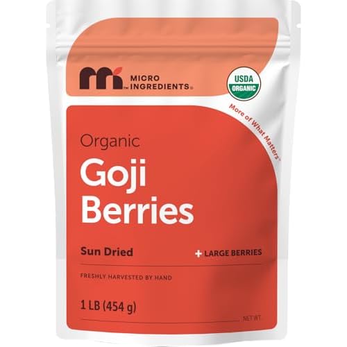 Micro Ingredients Organic Goji Berries, 1lb (16oz) | Large Whole Sun-Dried Berries | Raw Superfood Wolfberries | Natural Flavor for Trail Mix, Juice, & Tea | Sulfate Free, Vegan Friendly, No