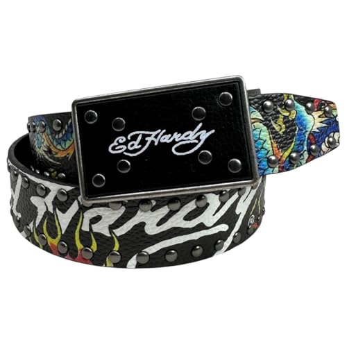 ED HARDY Men's Dragon Tattoo Print with Rivet Studs 38mm Plaque Buckle Belt (Black, 36)