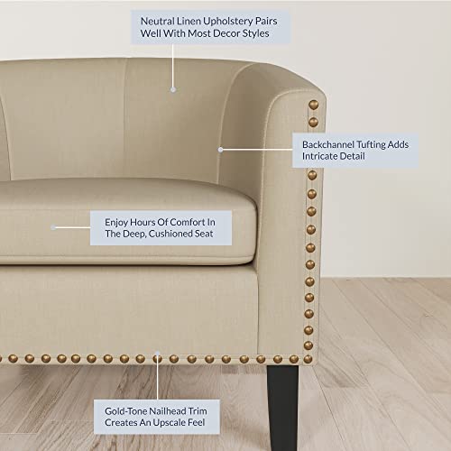 Image of BELLEZE Accent Barrel Chair, Modern Tub Club Chair Upholstered Armchair with Gold Nail Head Trim and Black Legs for Living Room Bedroom Apartment Lounge - Beige /Linen