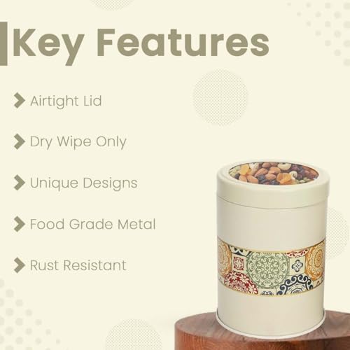 Image of Mandala Collection Airtight Kitchen Container Set| 1100ML- Set of 4| Food Grade Metal Jars for Dals, Millets, Pasta & Dry Food Storage| Vacuum Lid, Rust Resistant| Beige Rangoli Canisters
