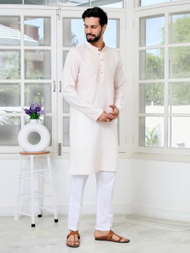 Image of See Designs Men's Full Sleeve Mandarin Collar Sequins Embroidered Chanderi Straight Long Kurta with Yoke Design - Festive Collection