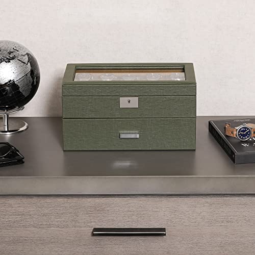 Rothwell 20 Slot Leather Watch Box - Luxury Watch Case Display Jewelry Organizer, Locking Watch Display Case Holder With Large Real Glass Top - Watch Box Organizer For Men And Women (Green/Tan) #TOP7