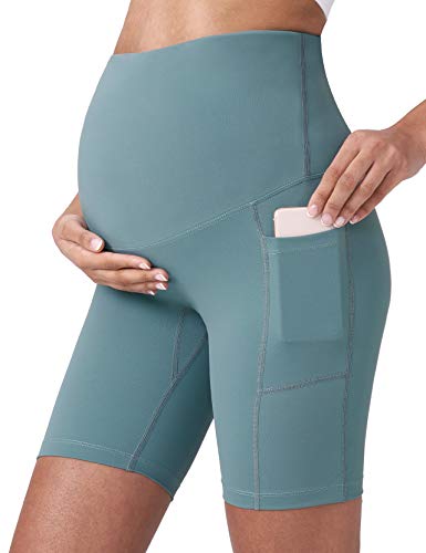 POSHDIVAH Women's Maternity Yoga Shorts Over The Belly Bump Workout Active Short Pants Light Green 8