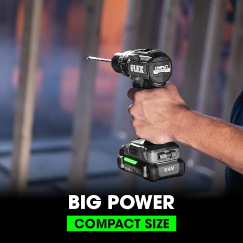 FLEX 24V Brushless Cordless 1/2-Inch 650 In-Lbs Torque 2-Speed Compact Hammer Drill Kit with 2.5Ah Lithium Battery and 160W Fast Charger - FX1231-1A