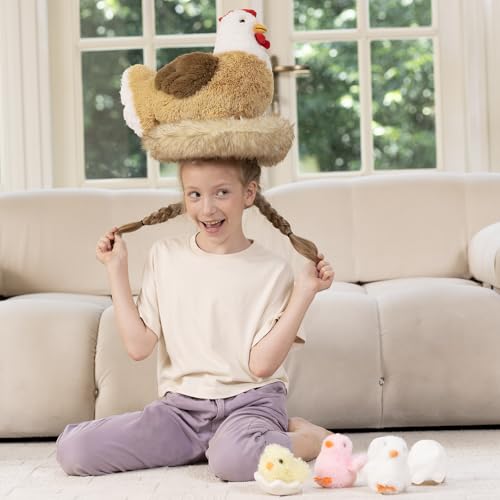Image of Chicken Stuffed Animal with Chicks, 14 inch Hen Plush Toy, White