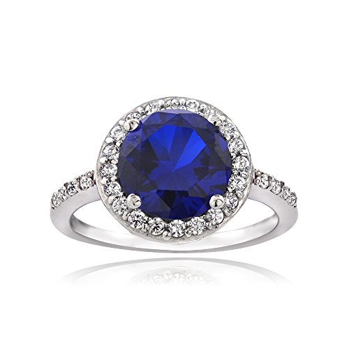 Ice Gems Sterling Silver Created Blue Sapphire and Cubic Zirconia Round Halo Ring, Size 7