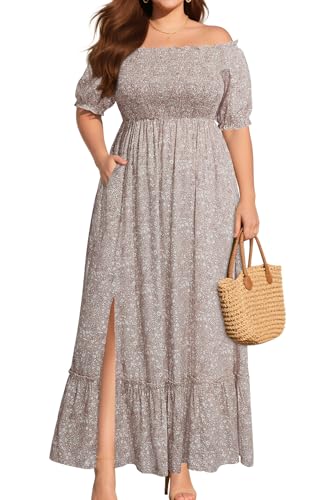 Plus Size Summer Sun Dress 2025 Off Shoulder Floral Long Boho Smocked Casual Beach Maxi Split Dresses with Pockets