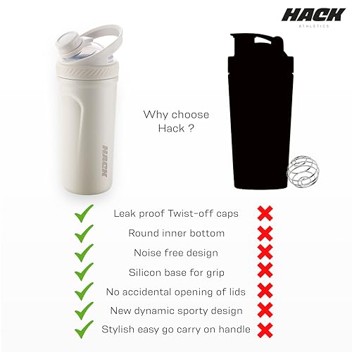 Image of Hack Athletics Premium Stainless Steel Insulated Shaker Bottles for Gym, Protein Shaker, Pre Workout Bottle, Water Bottle for Men and Women, BPA Free Material 100% Leakproof | 709ML (White)