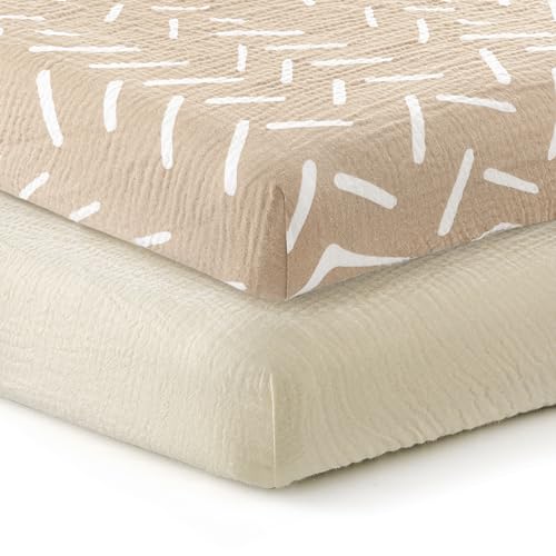 Image of UBBCARE 2 Pack Muslin Crib Sheets for Boys and Girls, 38 X 24 Inches Cotton Fitted Pack and Play Sheet for Standard Crib and Toddler Mattresses, Ultra-Soft and Hypoallergenic Neutral Nursery Sheets