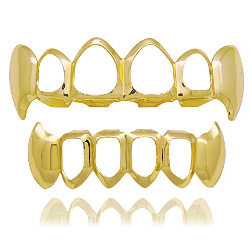 LuReen 14k Gold Teeth Grillz Open Face Outline 6 Teeth Vampire Fangs Grillz + Extra 2 Molding Bars