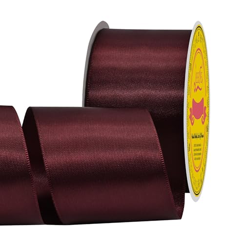 Image of Double Face Burgundy Satin Ribbon 2 inch X 25 Yards Polyester Burgundy Ribbon for Gift Wrapping Very Suitable for Weddings Party Invitation Decorations and More