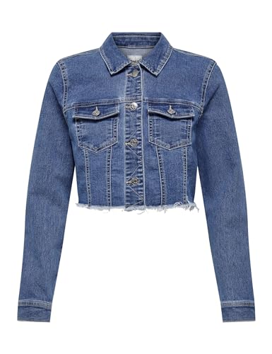 DENIM - Giacca di jeans corta con orlo aperto, colletto a girocollo, chiusura con bottoni e due tasche sul petto.