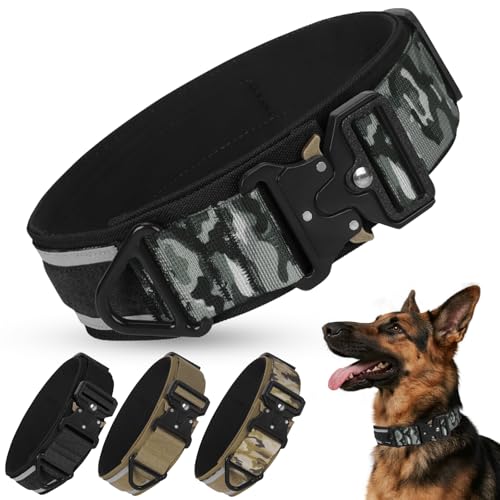 Taktisches Hundehalsband Reflektierend mit Metallschnalle, Weich Gepolstertes Nylon Hundehalsband 5cm Breit Verstellbare Halsband für Mittlere Große Hunde Jagd Training Freizeit Outdoor