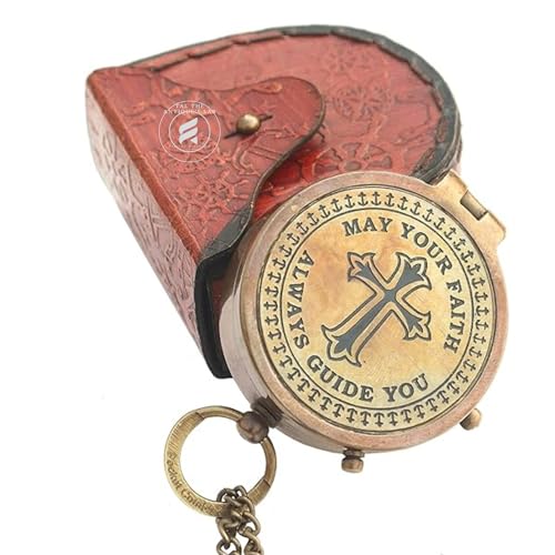 Brújula de bolsillo antigua de latón TAL The Antique's Lab con cadena y estuche de cuero grabado 'May Your Faith' para senderismo y aventuras náuticas miniatura 1